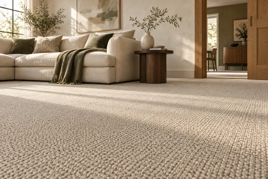 Warm living room with beige textured carpet, shown as illustrative room inspiration.